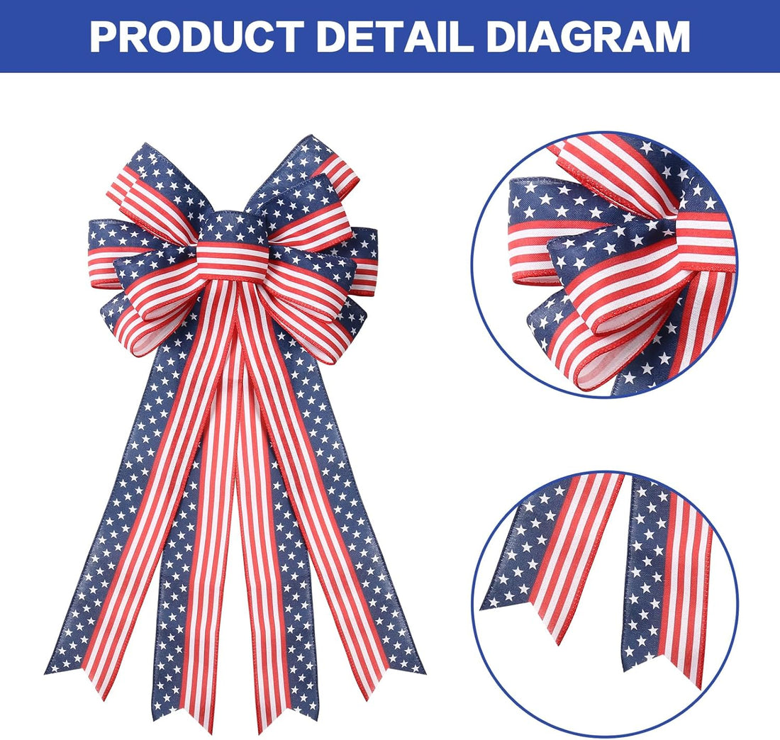 SY Super Bang 2PCS 4th of July Decorations, Red White Blue Wreath Decor for Front Door, Stripe Stars Tree Topper Patriotic Bows, for Independence Day, Memorial Day, Indoor/Outdoor Home Holiday Party.