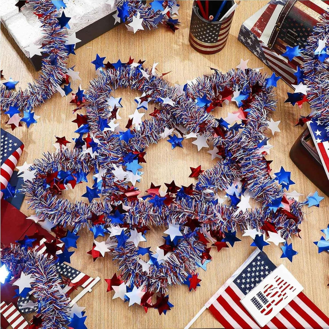 4th of July Patriotic Glitter Tinsel Garland - 6.56 Ft Red White Blue Metallic Tinsel Twist Garland with Star Shiny Hanging Decorations for Independence Day Memorial Day Celebration Party Decoration